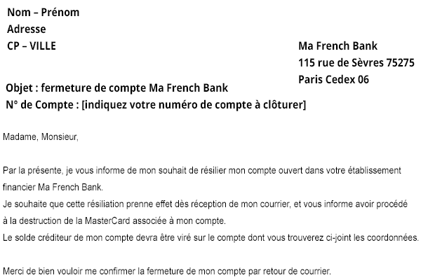 Lettre de résiliation du compte Ma French Bank