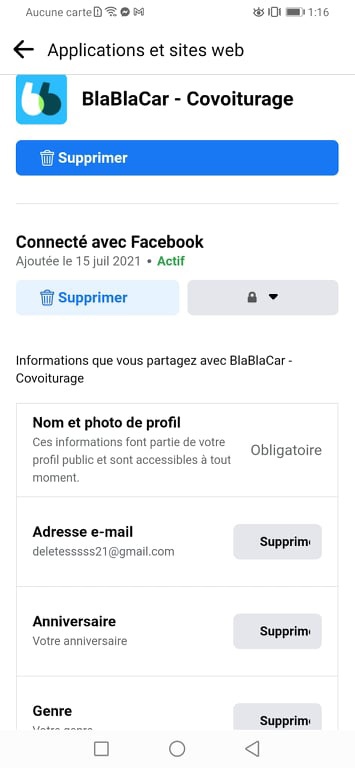 Supprimer le compte BlaBlaCar de Facebook